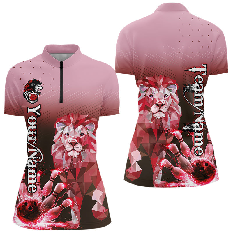 Red Lightning Lion Bowling Polo, Quarter Zip Shirts for Women Custom Lion Bowling Team jerseys NQS9692
