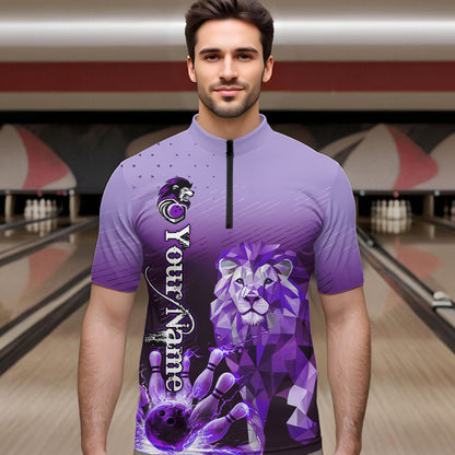 Purple Lightning Lion Bowling Polo, Quarter Zip Shirts for Men Custom Lion Bowling Team jerseys NQS9693