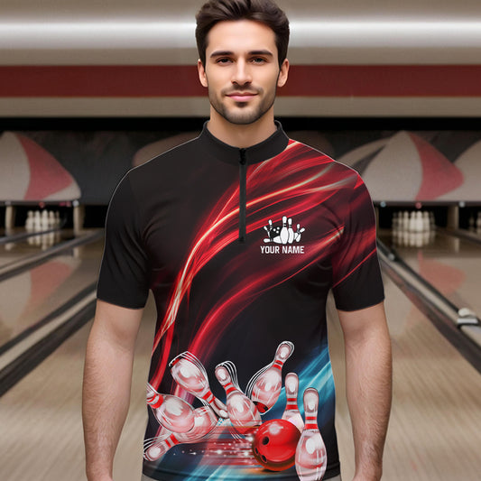 Custom Black and Red Mens bowling Polo, Quarter Zip Shirts, team bowling outfits for Men NQS9701