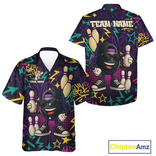 Funny Bowling hawaiian shirt custom purple graffiti pattern bowling team shirt, gift for bowlers NQS10271