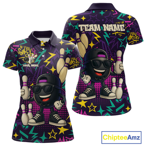 Funny Bowling shirts for Women custom purple graffiti pattern bowling team jerseys, gift for bowlers NQS10271