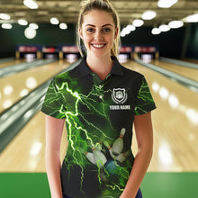 Load image into Gallery viewer, Women bowling polo shirts Custom green lightning thunder Bowling Team Jersey, gift for team Bowlers NQS6146