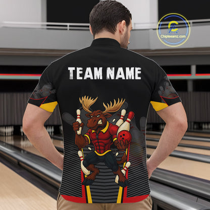 Black and Red Funny Moose Bowling Team Polo, Quarter Zip Shirts For Men Custom bowling jerseys men NQS11064