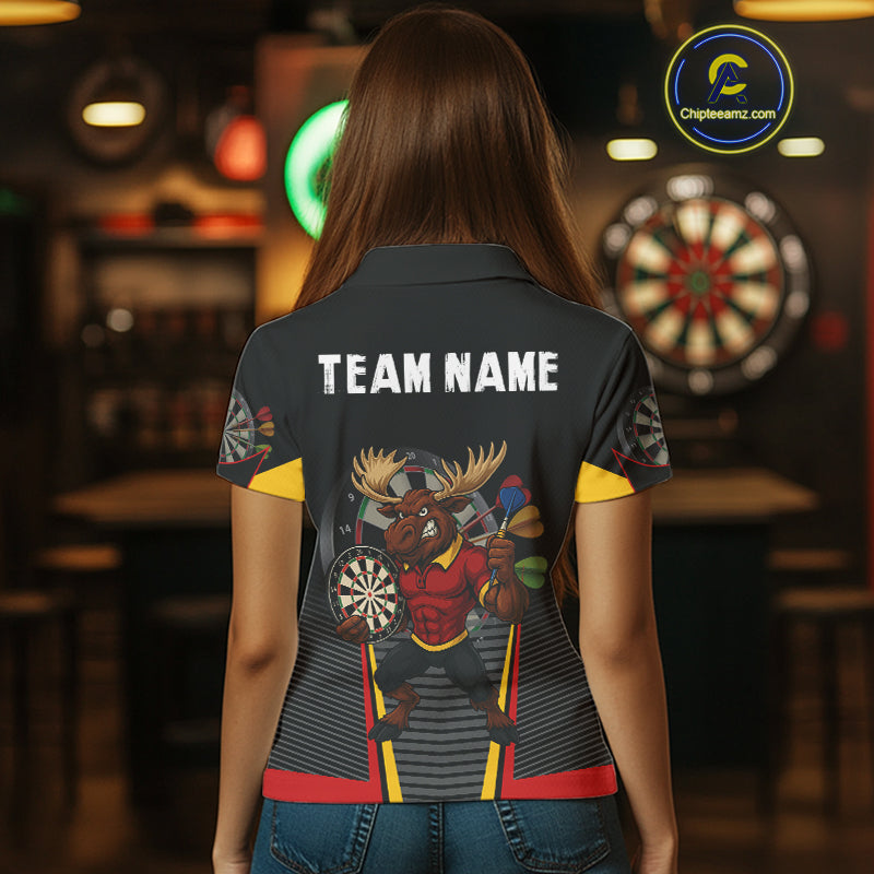 Black and Red Funny Moose Darts Polo, Quarter Zip Shirts For Women Custom Darts Team Jerseys NQS11065