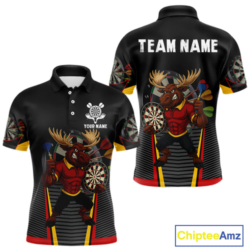 Black and Red Funny Moose Darts Polo, Quarter Zip Shirts For Men Custom Darts Team Jerseys NQS11065