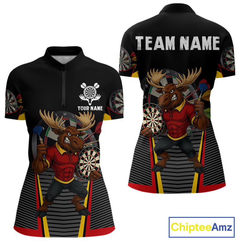 Black and Red Funny Moose Darts Polo, Quarter Zip Shirts For Women Custom Darts Team Jerseys NQS11065