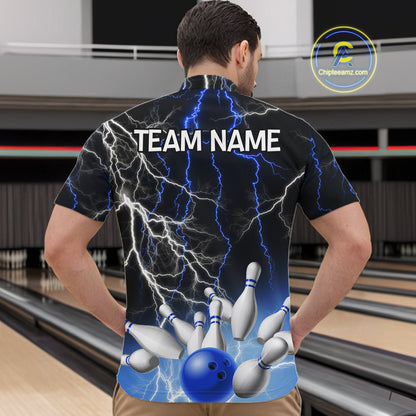 Men's bowling Polo, Quarter Zip shirts Custom Blue lightning thunder team bowling league jerseys NQS11261