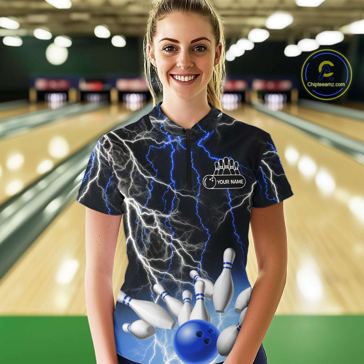 Women's bowling Polo, Quarter Zip shirts Custom Blue lightning thunder team bowling league jerseys NQS11261