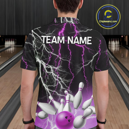 Men's bowling Polo, Quarter Zip shirts Custom Purple lightning thunder team bowling league jerseys NQS11263