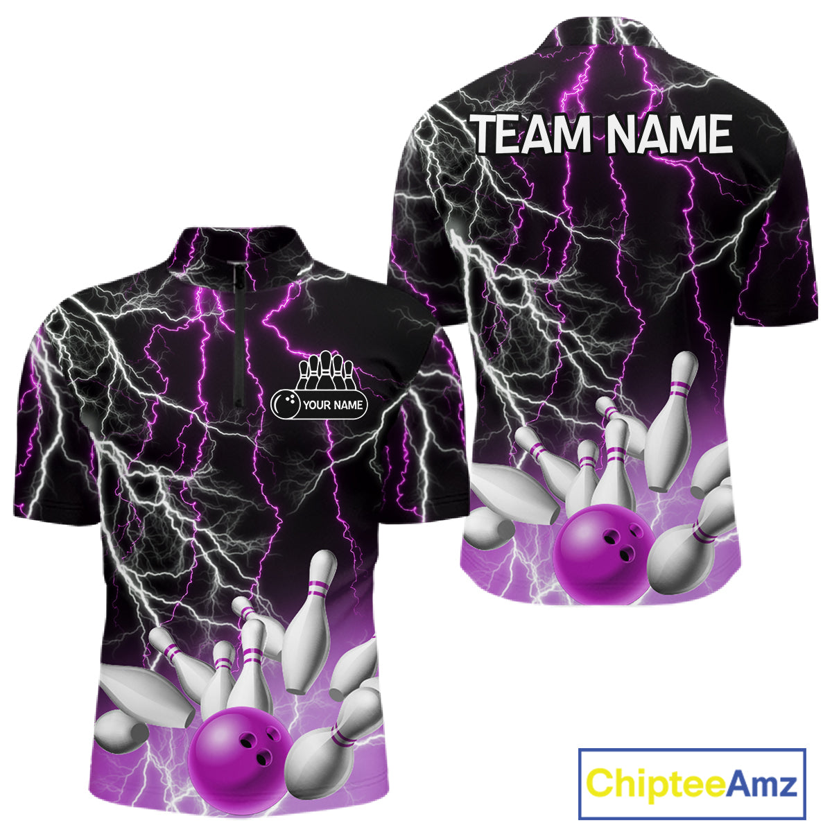 Men's bowling Polo, Quarter Zip shirts Custom Purple lightning thunder team bowling league jerseys NQS11263