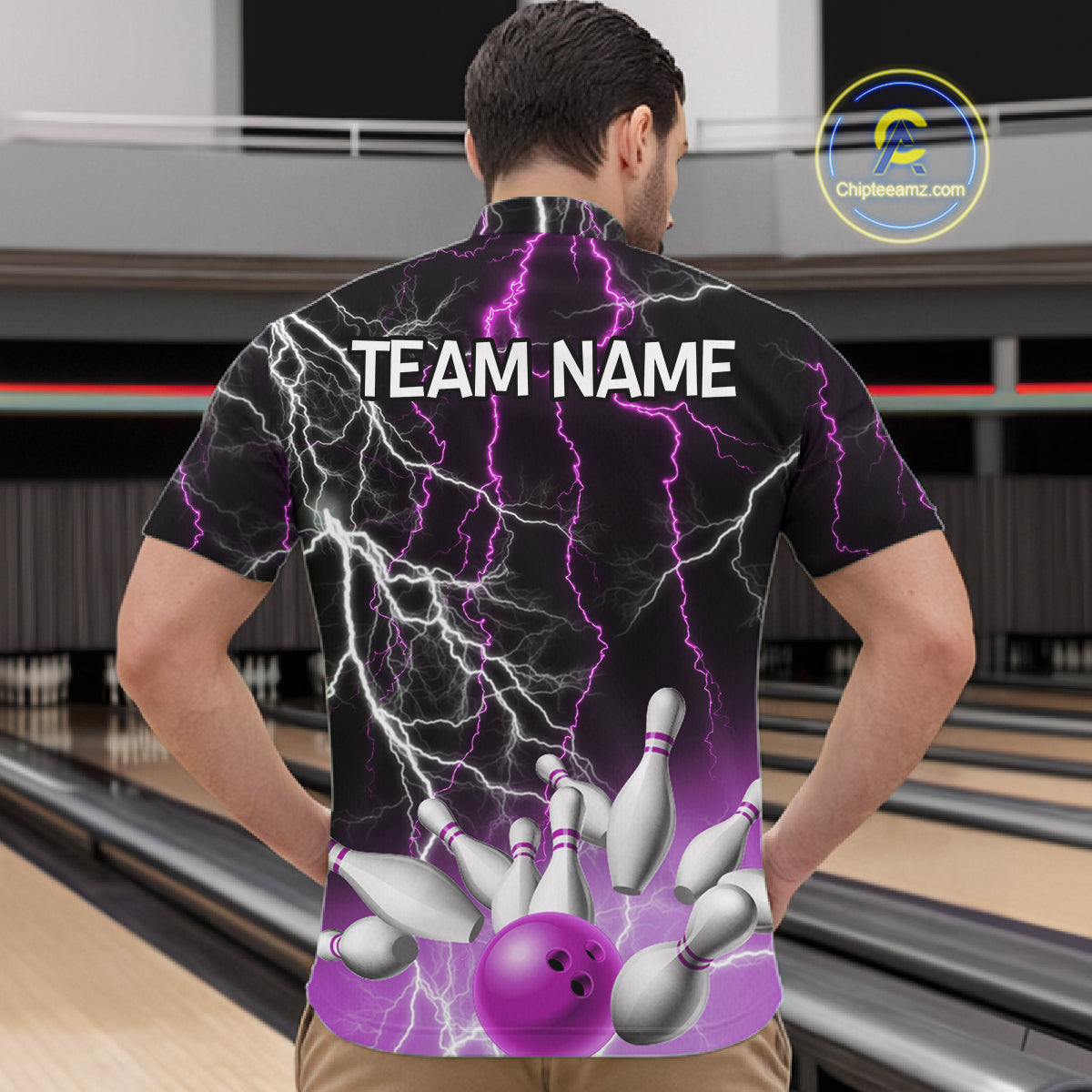 Men's bowling Polo, Quarter Zip shirts Custom Purple lightning thunder team bowling league jerseys NQS11263