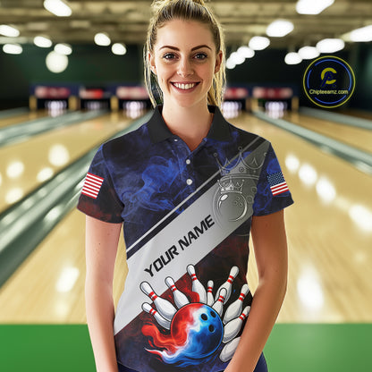 Red, White & Blue Smoke American Flag Bowling shirts For Women Custom patriotic Team bowling jersey NQS11269
