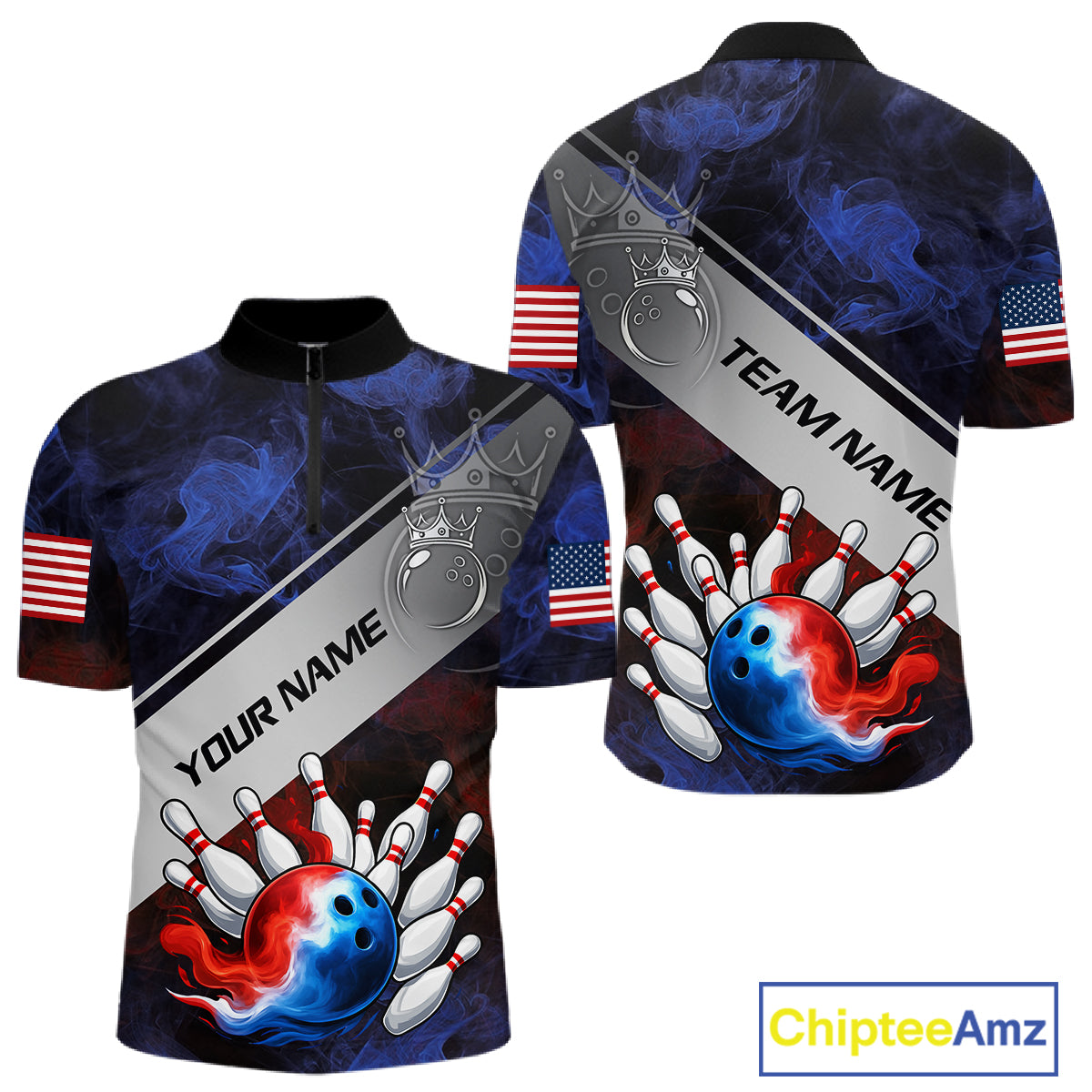Red, White & Blue Smoke American Flag Bowling shirts For men Custom patriotic Team bowling jersey NQS11269