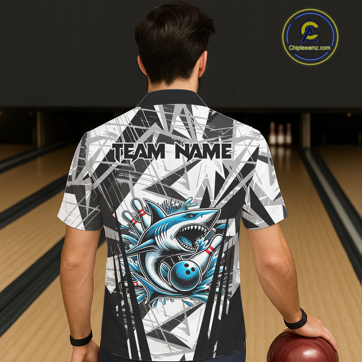 Black and White Camo Shark Bowling Team Hawaiian shirts Custom Shark Bowling button up Shirt NQS11471