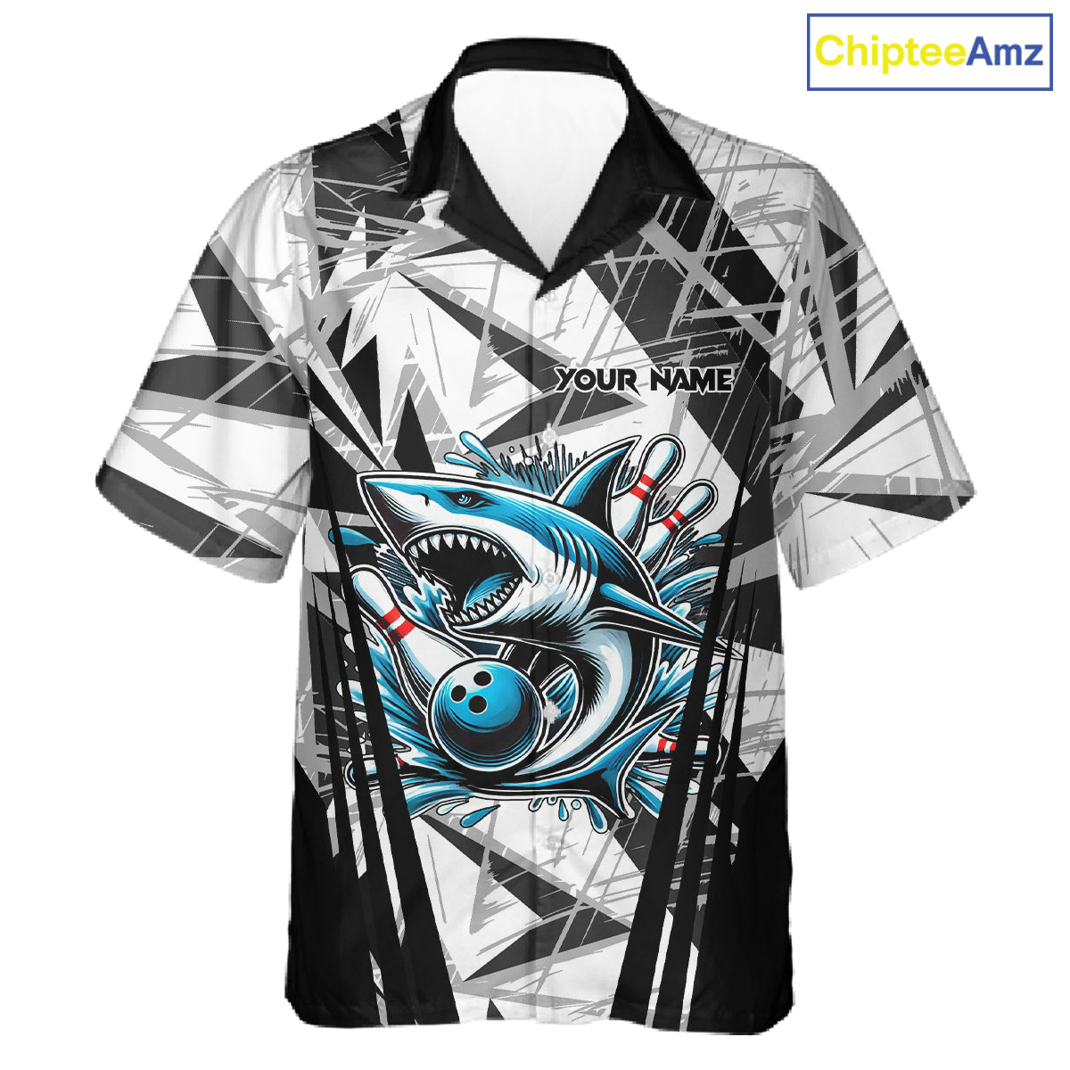 Black and White Camo Shark Bowling Team Hawaiian shirts Custom Shark Bowling button up Shirt NQS11471
