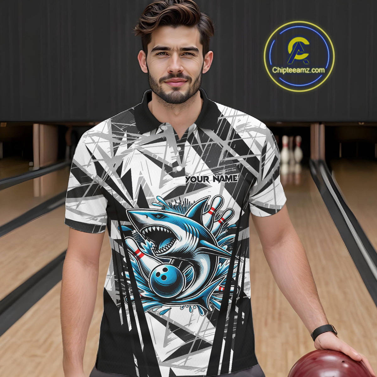 Black and White Camo Shark Bowling Team Shirts For Men Custom Shark Bowling Polo, Quarter Zip Shirt NQS11471