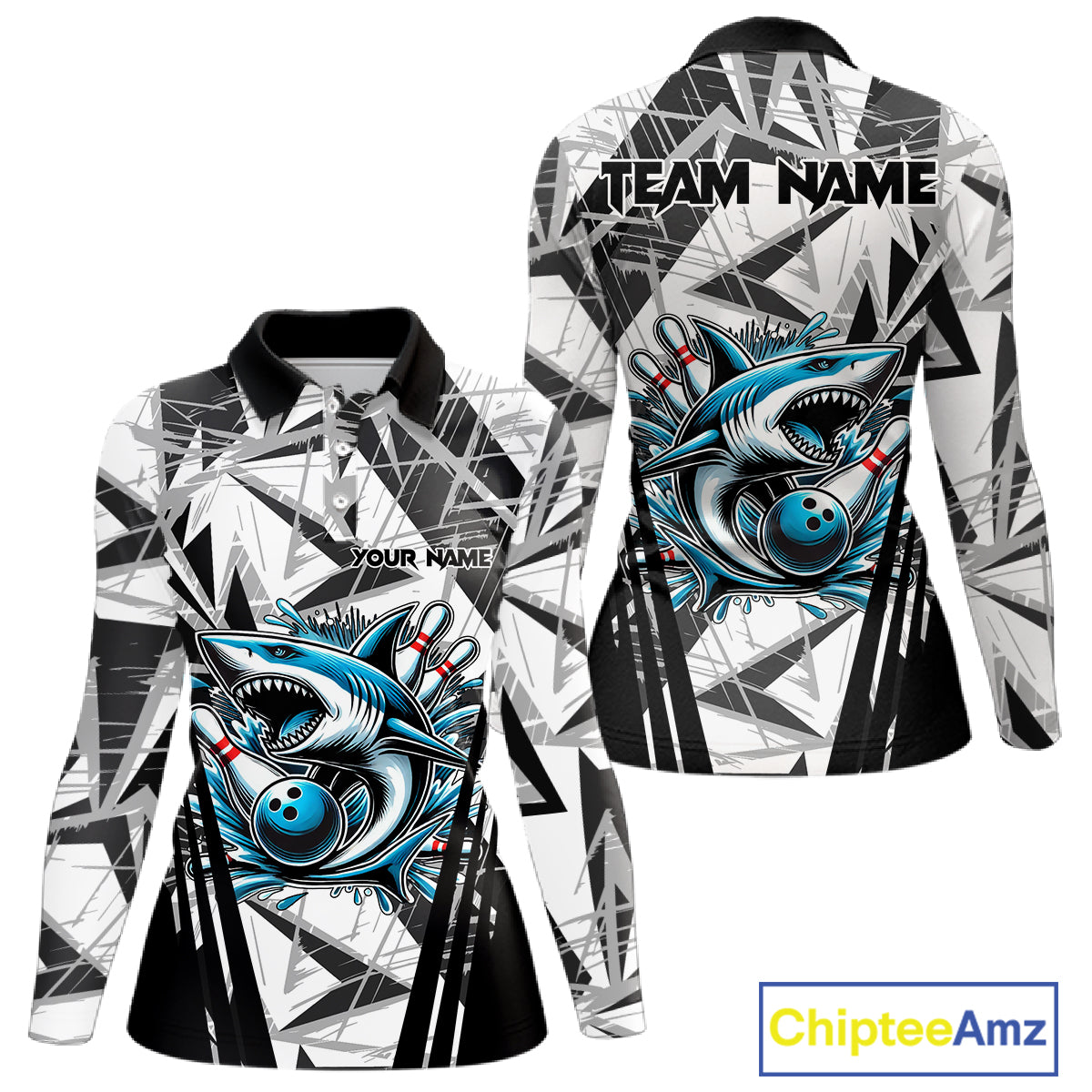 Black and White Camo Shark Bowling Team Shirt For Women Custom Shark Bowling Polo, Quarter Zip Shirt NQS11471