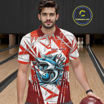 Red and White Camo Shark Bowling Team Shirts For Men Custom Shark Bowling Polo, Quarter Zip Shirt NQS11472