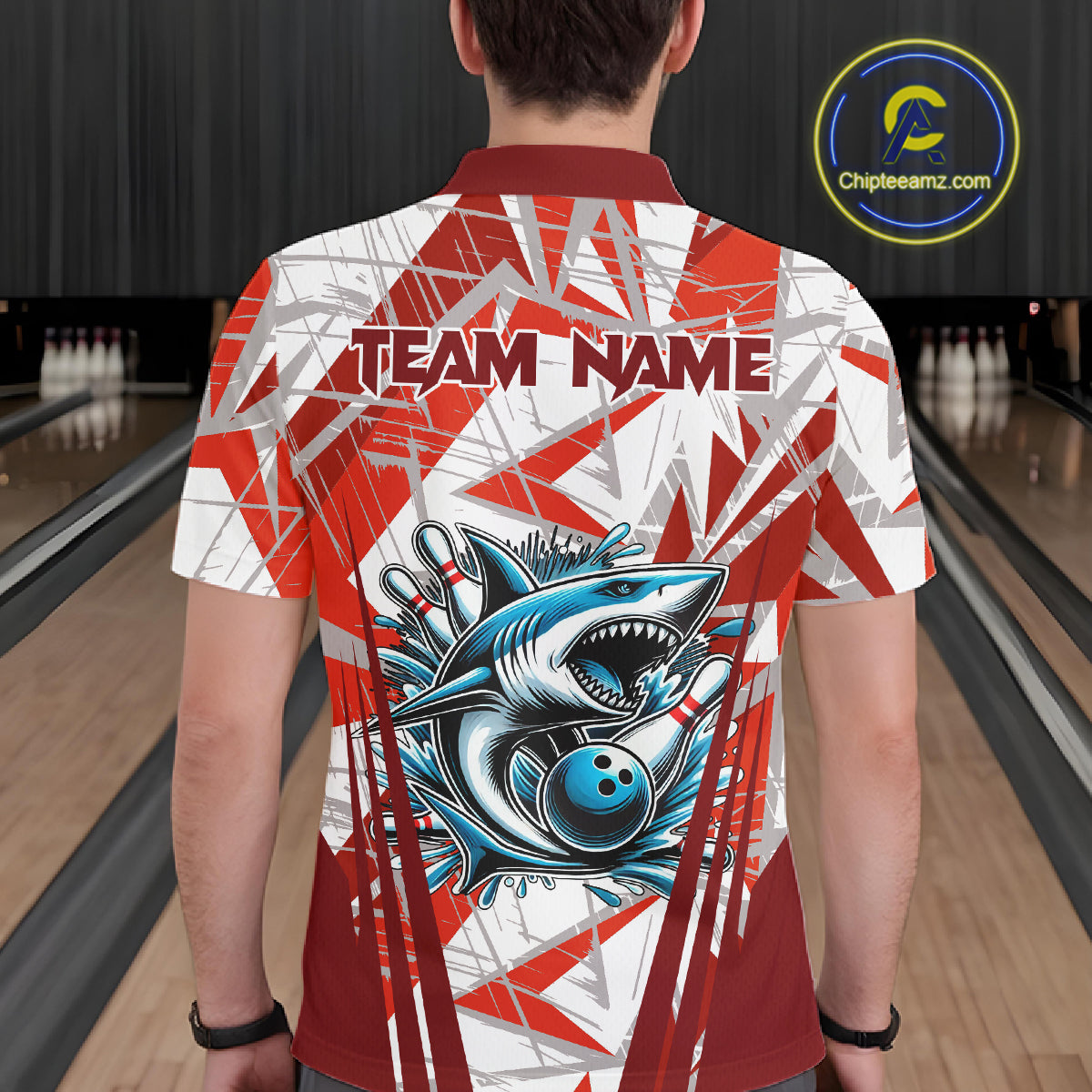 Red and White Camo Shark Bowling Team Shirts For Men Custom Shark Bowling Polo, Quarter Zip Shirt NQS11472