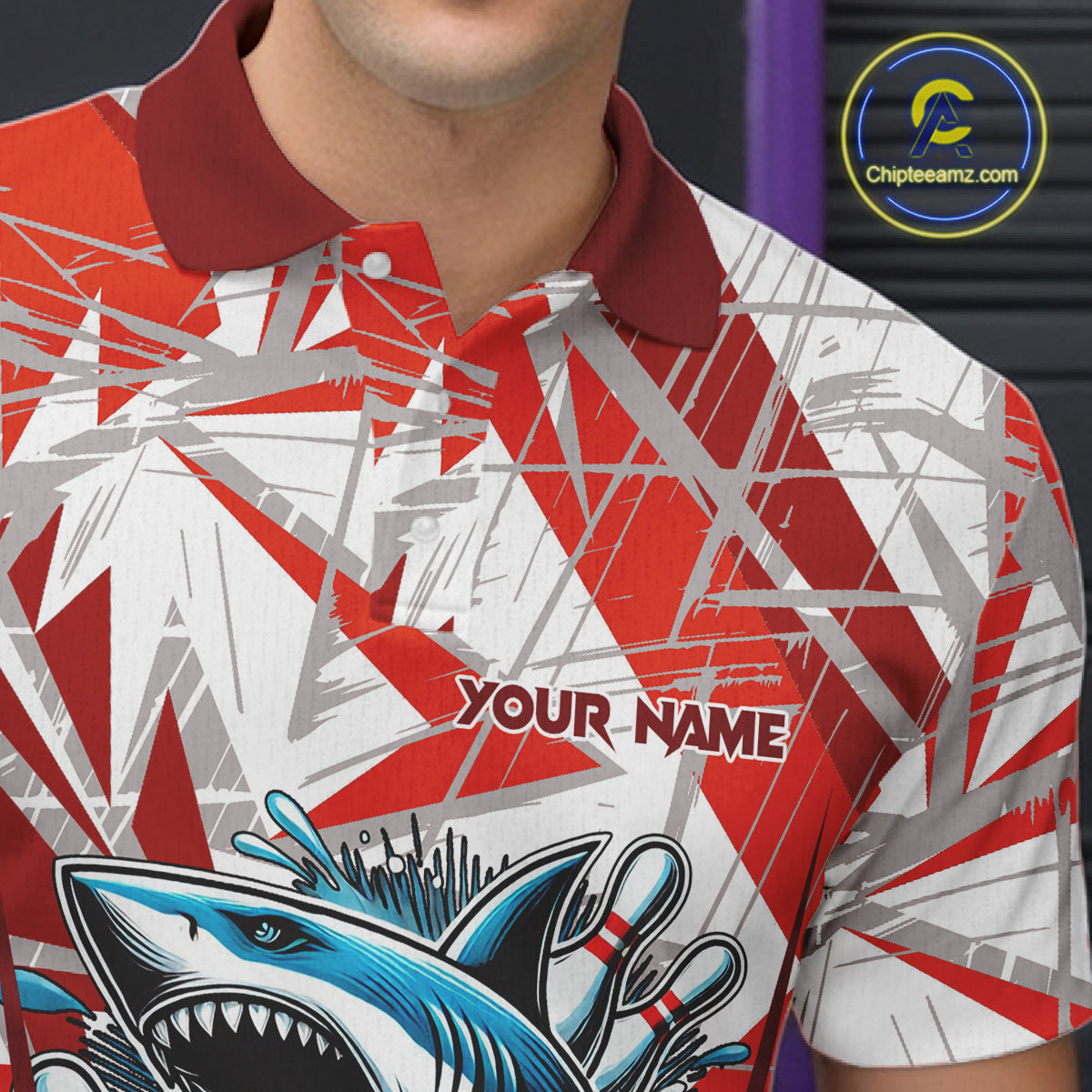 Red and White Camo Shark Bowling Team Shirts For Men Custom Shark Bowling Polo, Quarter Zip Shirt NQS11472