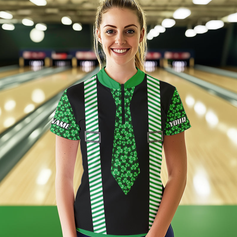 Personalized Green Shamrock pattern Bowling shirts for Women custom St Patrick Day Bowling Team Jersey NQS9548
