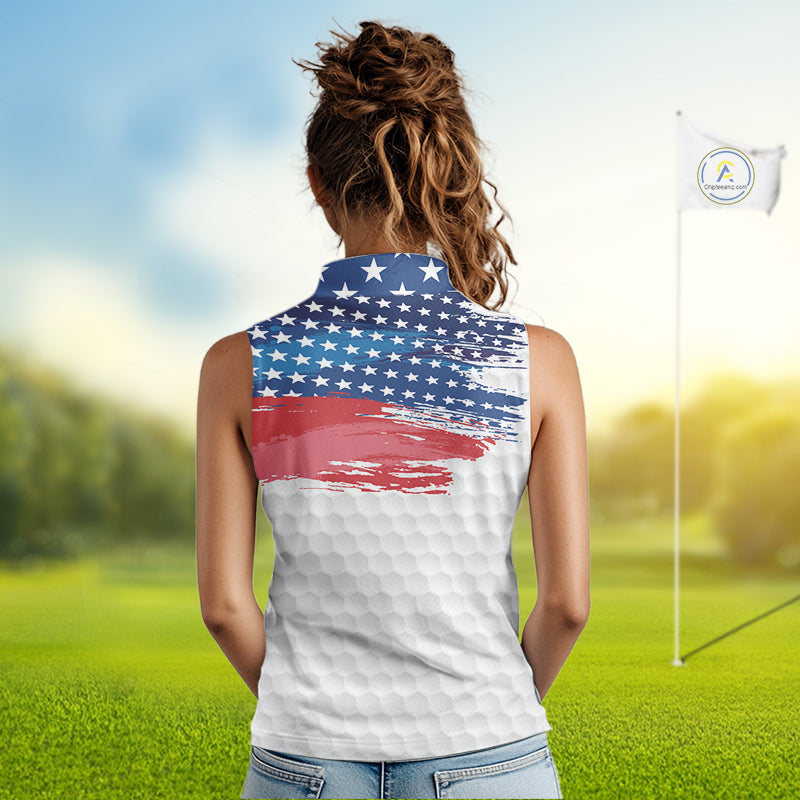 Personalized Red, White and Blue American Flag Women sleeveless polo shirt, patriotic ladies golf tops NQS9550
