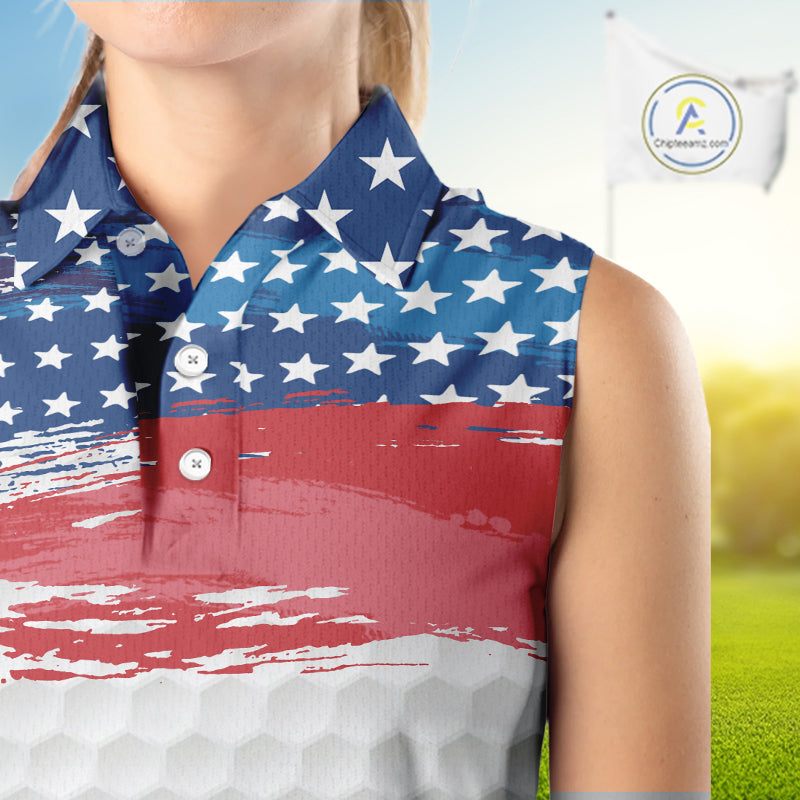 Personalized Red, White and Blue American Flag Women sleeveless polo shirt, patriotic ladies golf tops NQS9550