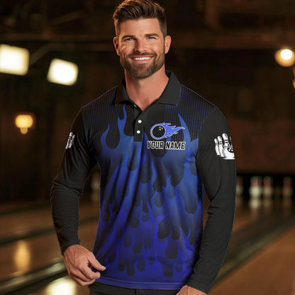 Personalized Black and Blue Flame Bowling Shirts For Men Custom Fire bowling jerseys NQS9552
