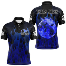 Load image into Gallery viewer, Personalized Black and Blue Flame Bowling Shirts For Men Custom Fire bowling jerseys NQS9552