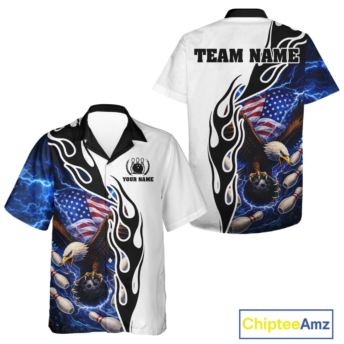 Blue Lightning Thunder American Flag Eagle Bowling Hawaiian shirt Custom Patriotic Team Bowler Jersey NQS11658