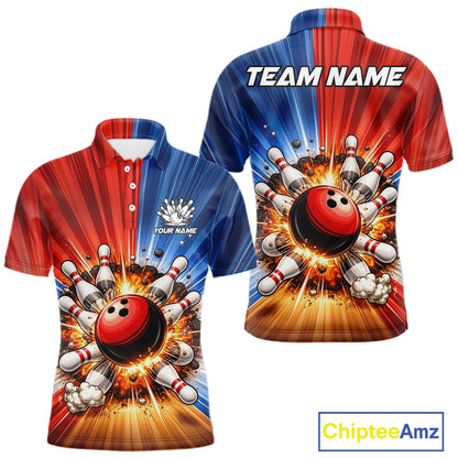 Funny Bowling Boom Polo, 1/4 Zip Shirt For Men Custom Red, White and Blue Team Bowler Jerseys NQS11660