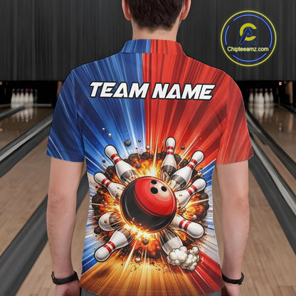 Funny Bowling Boom Polo, 1/4 Zip Shirt For Men Custom Red, White and Blue Team Bowler Jerseys NQS11660
