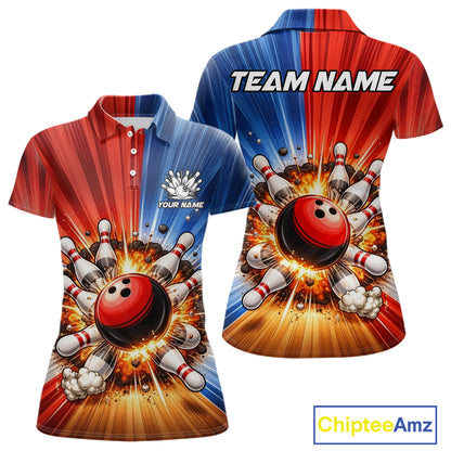 Funny Bowling Boom Polo, 1/4 Zip Shirt For Women Custom Red, White and Blue Team Bowler Jerseys NQS11660