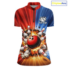 Load image into Gallery viewer, Funny Bowling Boom Polo, 1/4 Zip Shirt For Women Custom Red, White and Blue Team Bowler Jerseys NQS11660