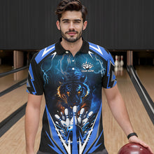 Load image into Gallery viewer, Blue Lightning Thunder Tiger Mens Bowling Polo, Quarter Zip Shirts Custom Bowler Jersey bowling outfit NQS9706