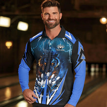 Load image into Gallery viewer, Blue Lightning Thunder Tiger Mens Bowling Polo, Quarter Zip Shirts Custom Bowler Jersey bowling outfit NQS9706