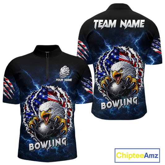 Blue Lightning Thunder US Flag Eagle Bowling Shirts For Men Custom Patriotic Bowling Team Jerseys NQS11749
