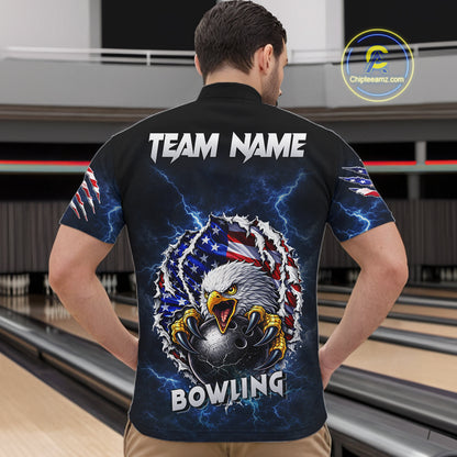 Blue Lightning Thunder US Flag Eagle Bowling Shirts For Men Custom Patriotic Bowling Team Jerseys NQS11749
