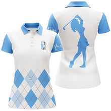 Load image into Gallery viewer, Womens golf polo shirt custom blue and white argyle plaid golf top for ladies NQS5256