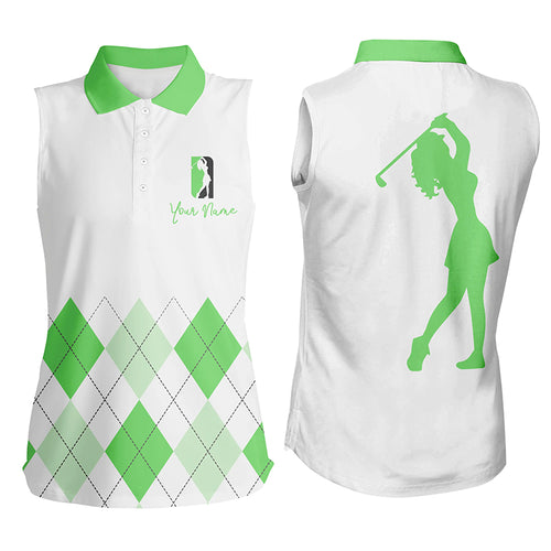 Women sleeveless polo shirt custom green argyle and white plaid golf top for ladies NQS5257