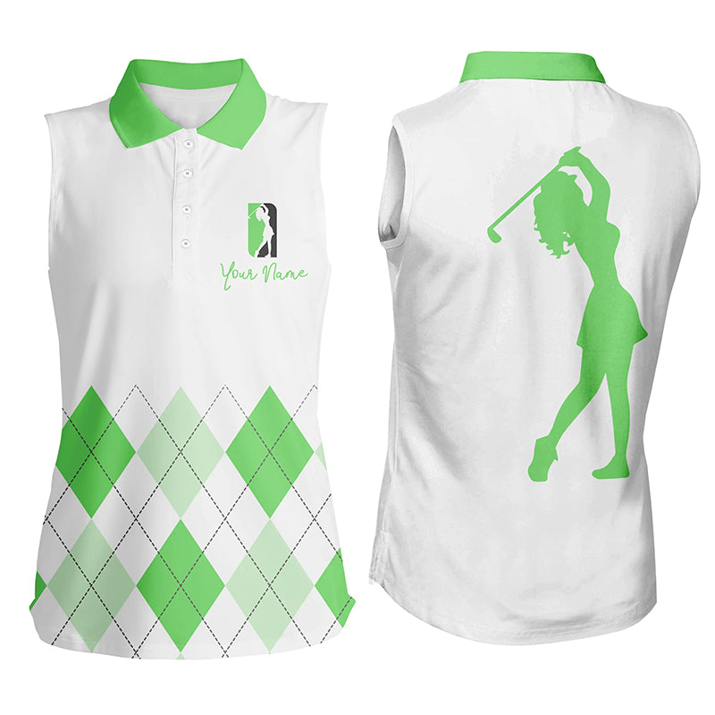 Women sleeveless polo shirt custom green argyle and white plaid golf top for ladies NQS5257