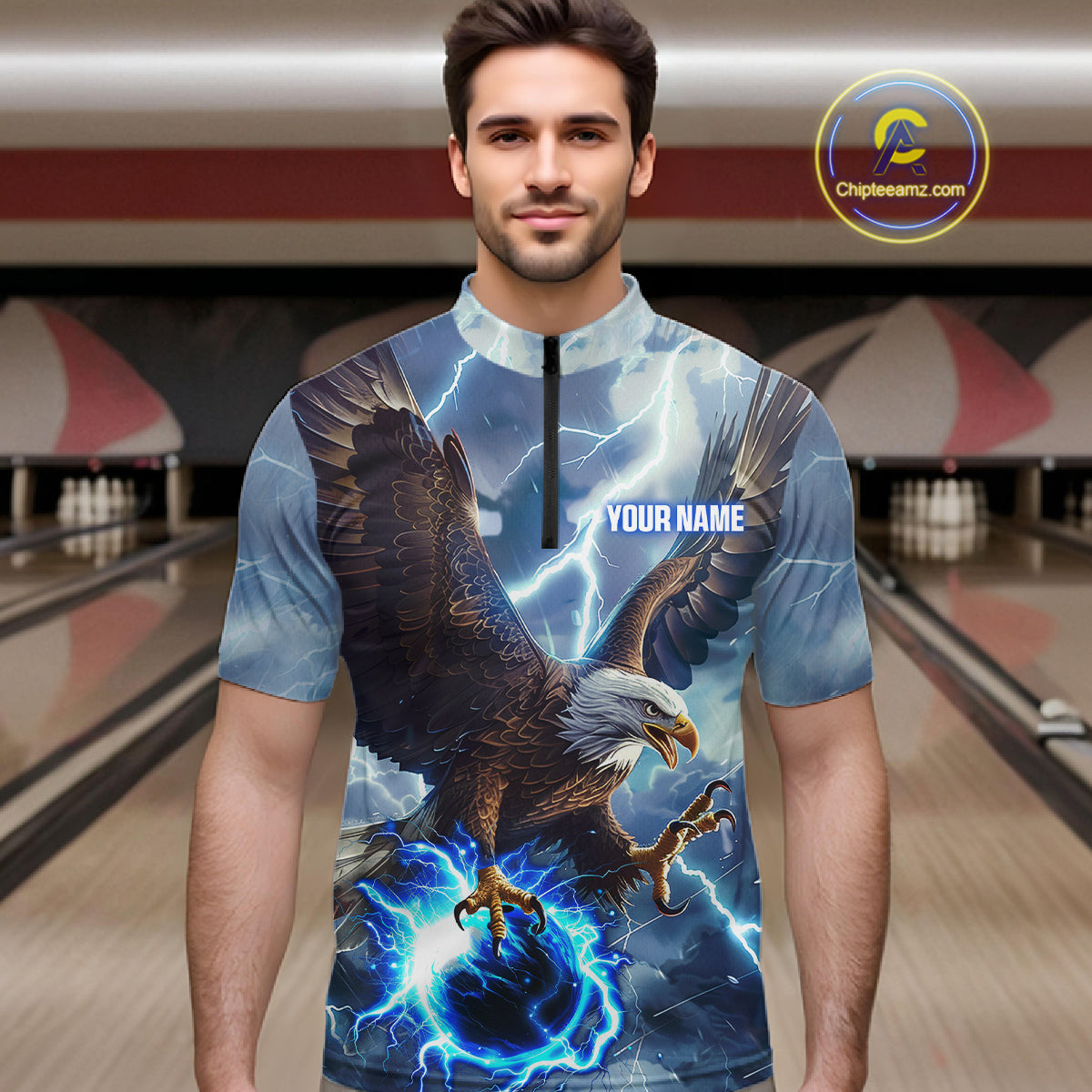 Blue lightning thunder bowling Eagle custom Men Bowling Quarter Zip Shirts, gift for team bowlers NQS7488