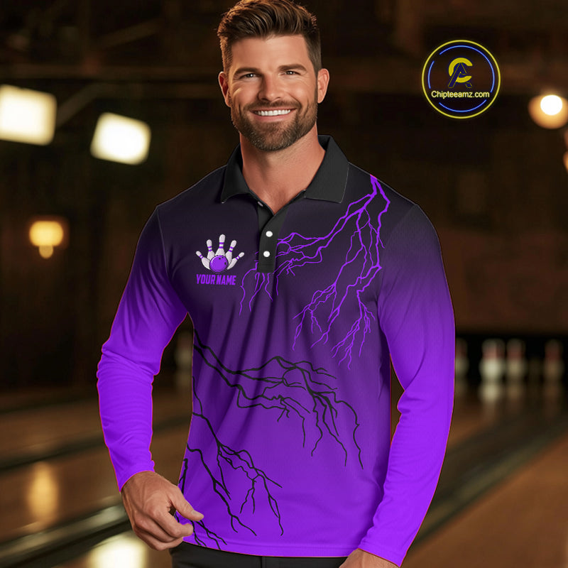 Black and Purple gradient Lightning thunder storm Bowling shirts for Men Custom Bowling Team Jerseys NQS10136