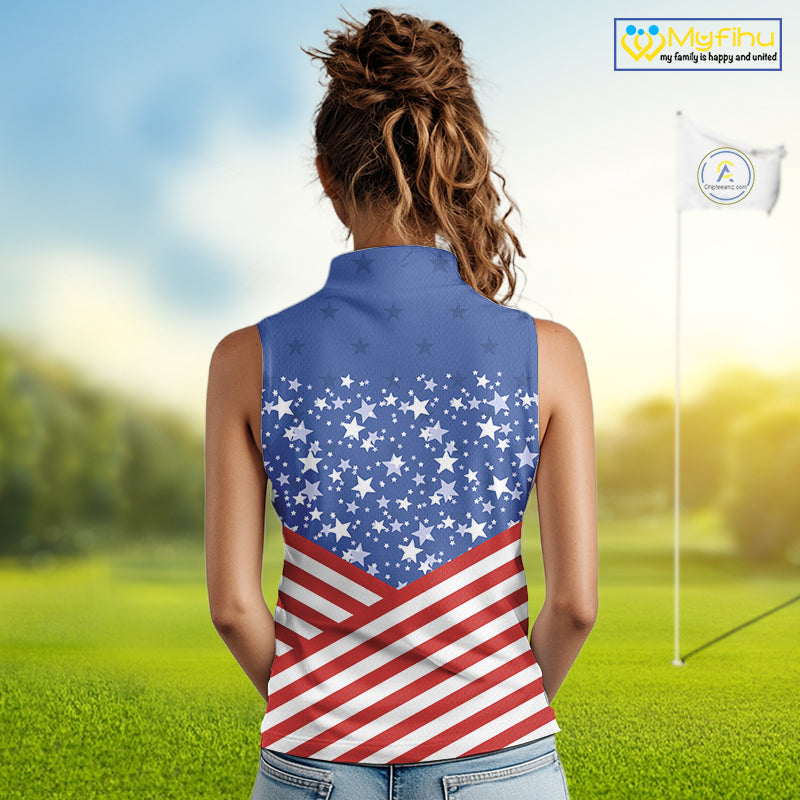 Red, White and Blue  Women sleeveless polo shirt Custom American Flag patriotic ladies Golf attire NQS10137
