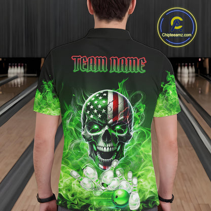 Green Flame Smoke American Flag Eagle Skull Mens Bowling Shirts Custom Patriotic Bowling Team Jersey NQS10278