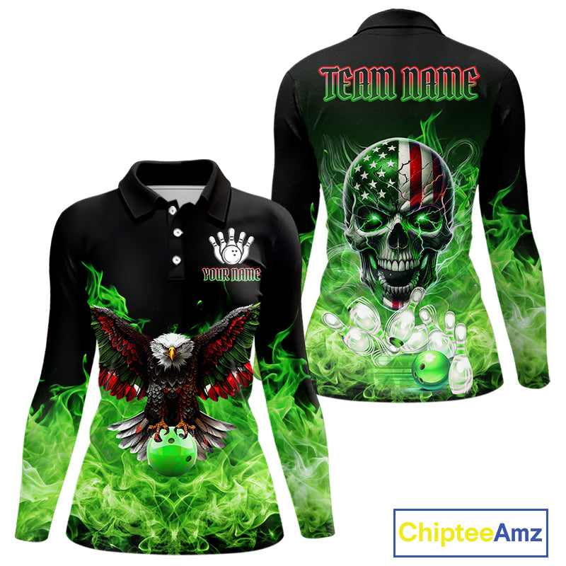 Green Flame Smoke American Flag Eagle Skull Women Bowling Shirts Custom Patriotic Bowling Team Jersey NQS10278