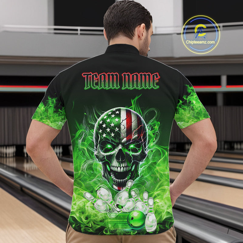 Green Flame Smoke American Flag Eagle Skull Mens Bowling Shirts Custom Patriotic Bowling Team Jersey NQS10278