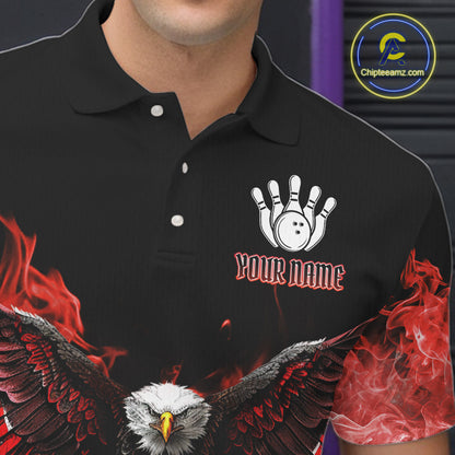 Red Flame Smoke American Flag Eagle Skull Mens Bowling Shirts Custom Patriotic Bowling Team Jersey NQS10279