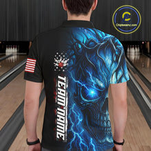 Load image into Gallery viewer, Custom Blue Lightning thunder Skull American Flag Patriotic Mens Bowling Shirts, Gift For Bowlers NQS10463