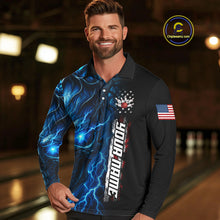 Load image into Gallery viewer, Custom Blue Lightning thunder Skull American Flag Patriotic Mens Bowling Shirts, Gift For Bowlers NQS10463